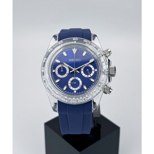 Custom Seiko Mod • Navy Blue Clear Plastic Daytona (Quartz Chronograph) • 39.5mm
